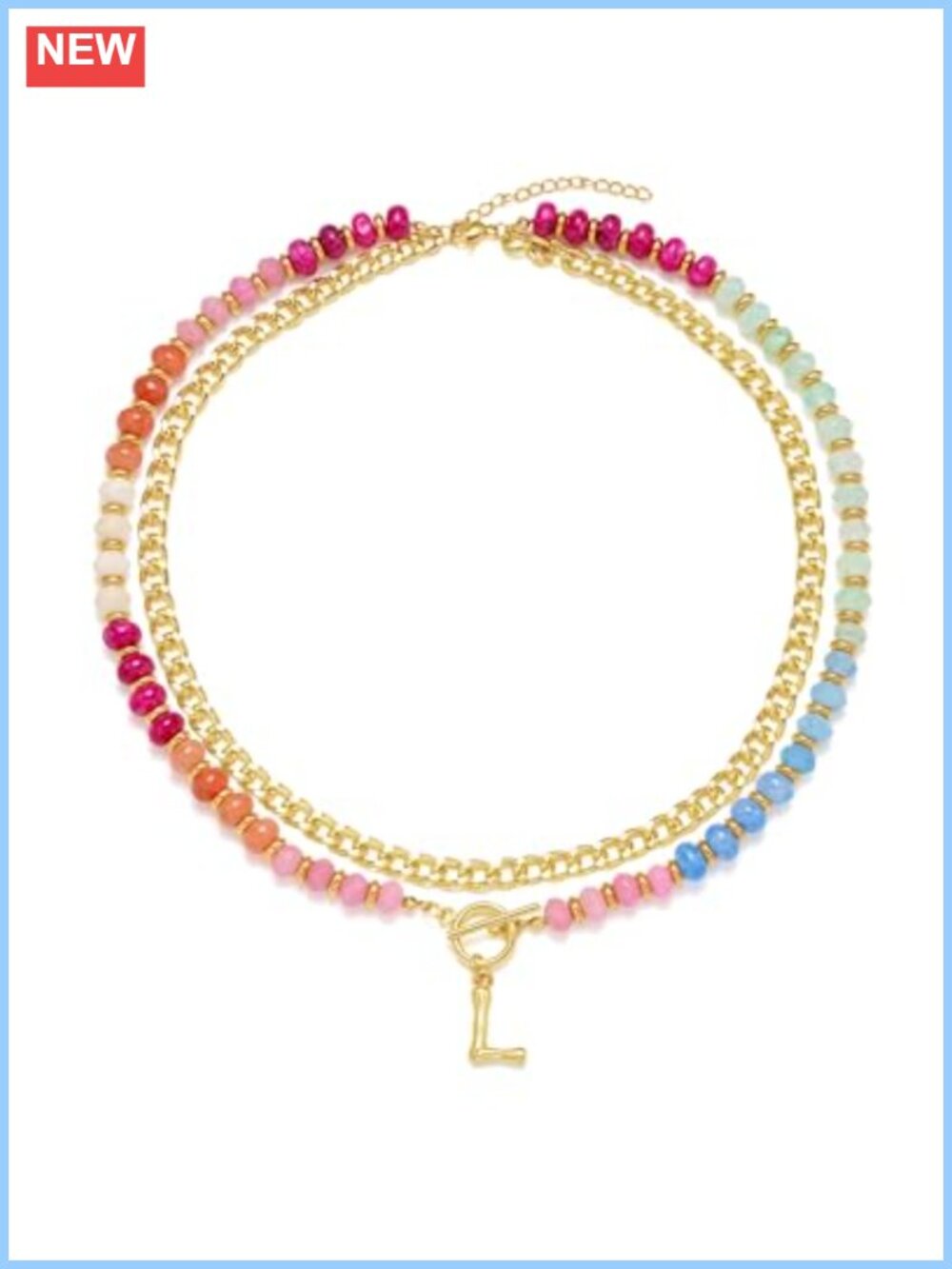 Layered Colorful Beaded Necklace 14K Gold Plated Initial Chunky Chain Choker